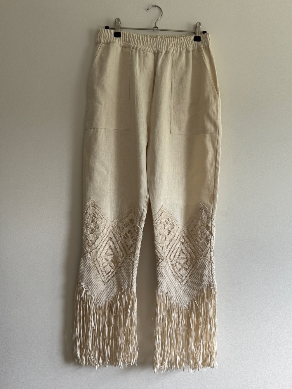 Laura Siegel Cream Fringe Embroidered Wide-Leg Pants